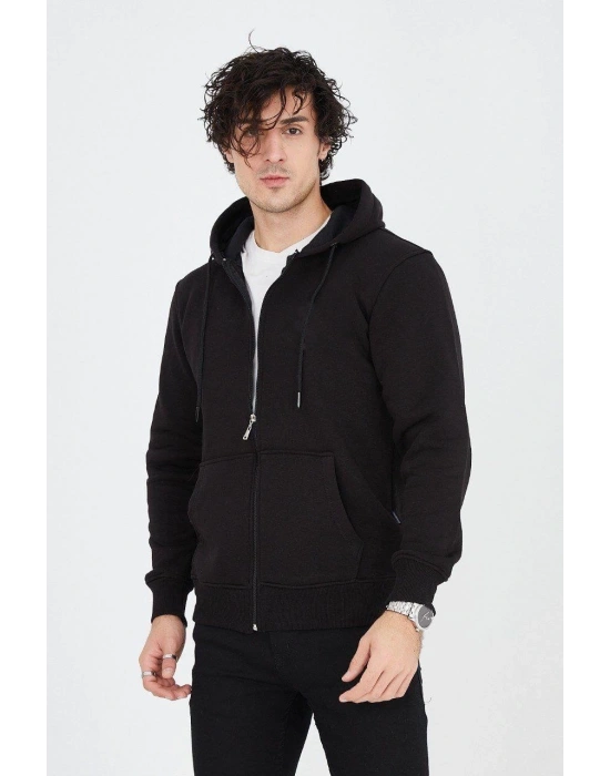 Erkek Kapüşonlu Düz Fermuarlı Hırka - Siyah