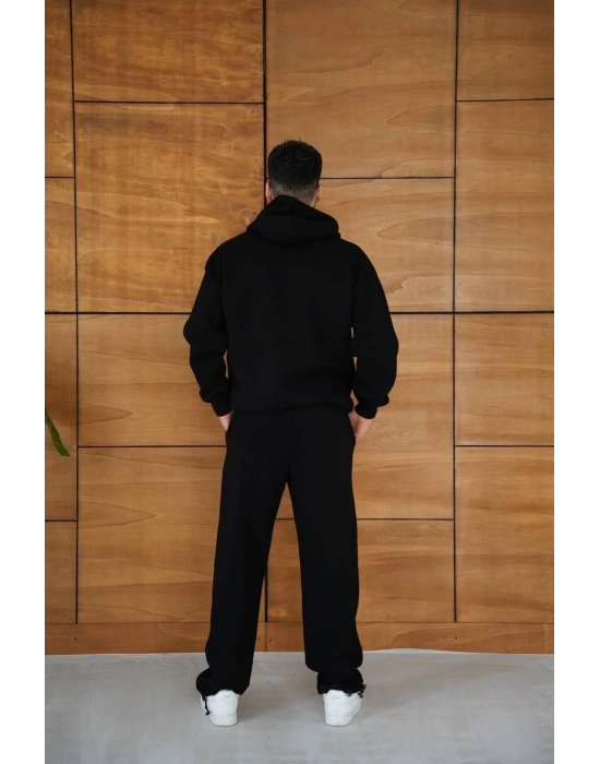 Erkek Kapüşonlu Eşofman Takım Örümcek Ağı ve Neon Yeşil Baskılı Kanguru cepli - Siyah