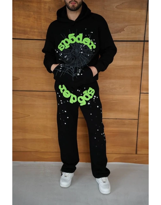 Erkek Kapüşonlu Eşofman Takım Örümcek Ağı ve Neon Yeşil Baskılı Kanguru cepli - Siyah