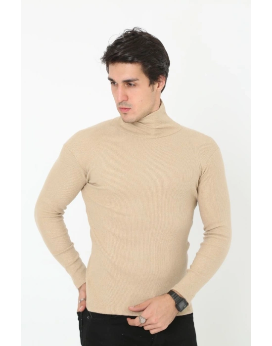 Erkek Kaşkorse Boğazlı Full Likralı Fitilli Body Kazak - Bej