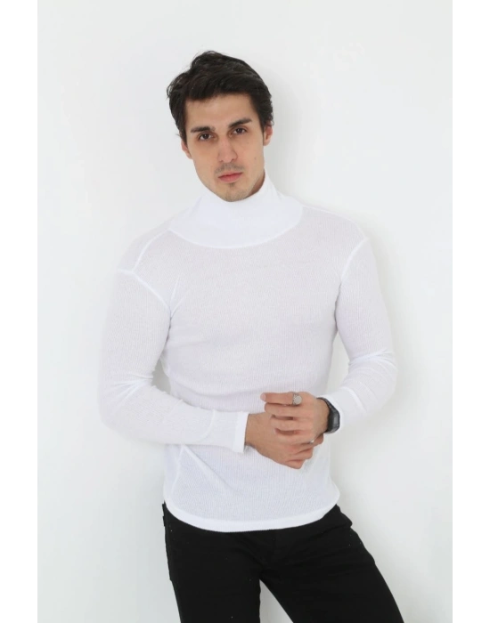 Erkek Kaşkorse Boğazlı Full Likralı Fitilli Body Kazak - Beyaz