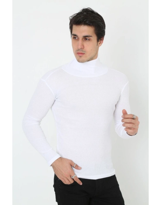 Erkek Kaşkorse Boğazlı Full Likralı Fitilli Body Kazak - Beyaz
