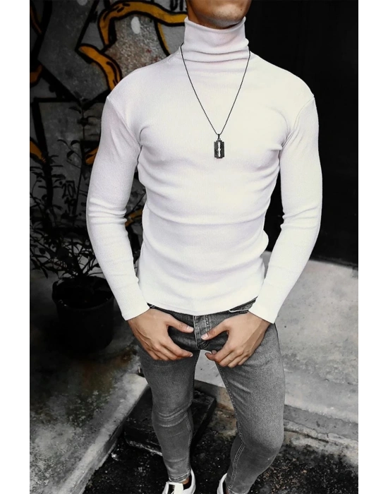 Erkek Kaşkorse Boğazlı Full Likralı Fitilli Body Kazak - Beyaz