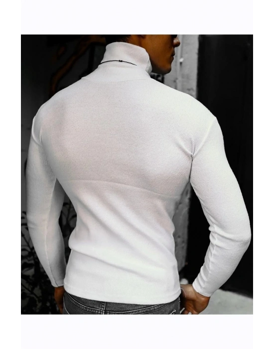 Erkek Kaşkorse Boğazlı Full Likralı Fitilli Body Kazak - Beyaz