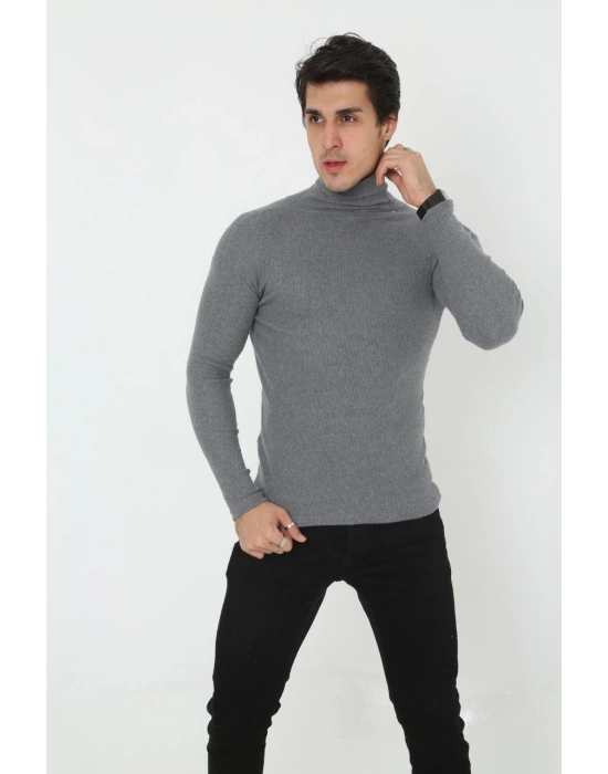 Erkek Kaşkorse Boğazlı Full Likralı Fitilli Body Kazak - Füme