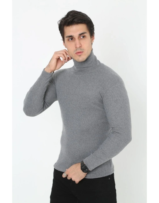 Erkek Kaşkorse Boğazlı Full Likralı Fitilli Body Kazak - Füme