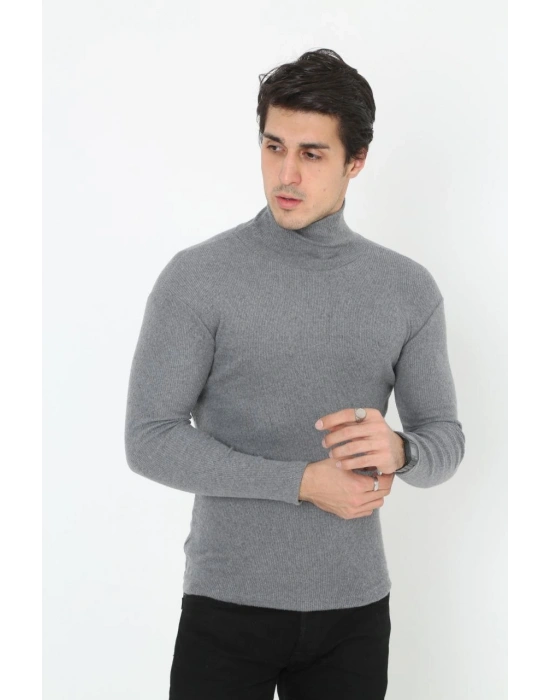 Erkek Kaşkorse Boğazlı Full Likralı Fitilli Body Kazak - Füme