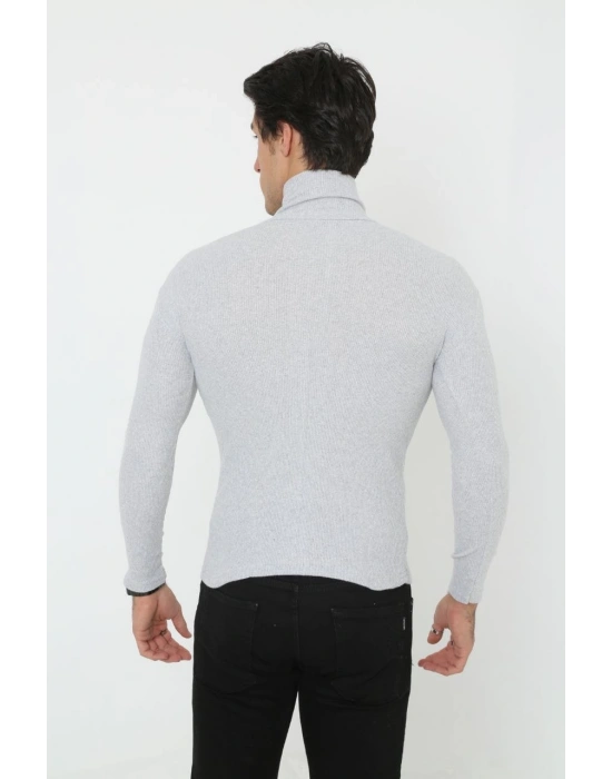 Erkek Kaşkorse Boğazlı Full Likralı Fitilli Body Kazak - Gri