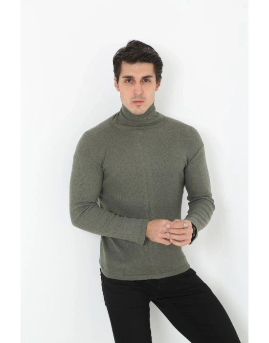 Erkek Kaşkorse Boğazlı Full Likralı Fitilli Body Kazak - Haki