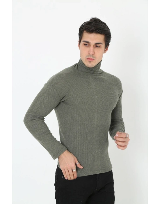 Erkek Kaşkorse Boğazlı Full Likralı Fitilli Body Kazak - Haki