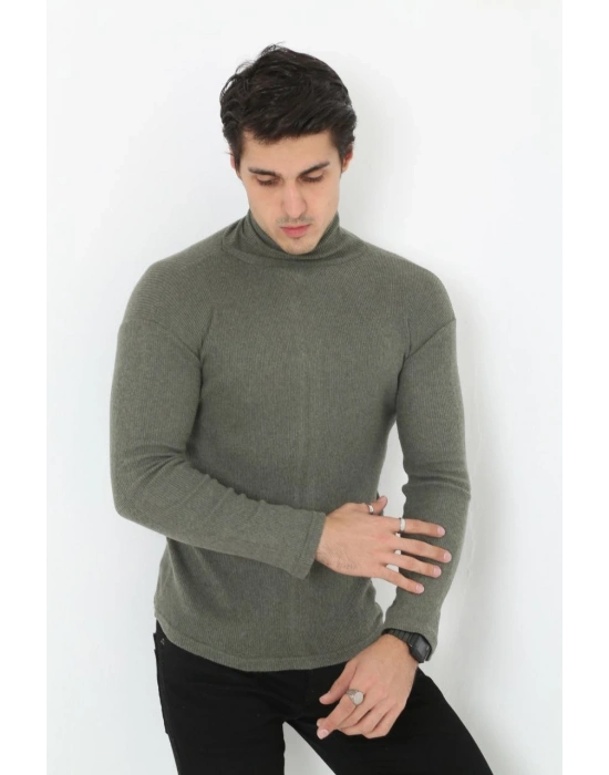 Erkek Kaşkorse Boğazlı Full Likralı Fitilli Body Kazak - Haki