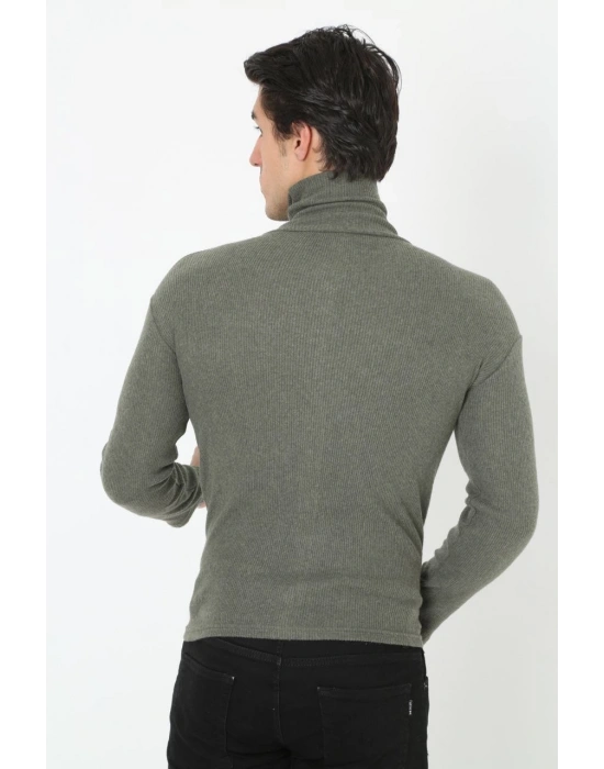 Erkek Kaşkorse Boğazlı Full Likralı Fitilli Body Kazak - Haki