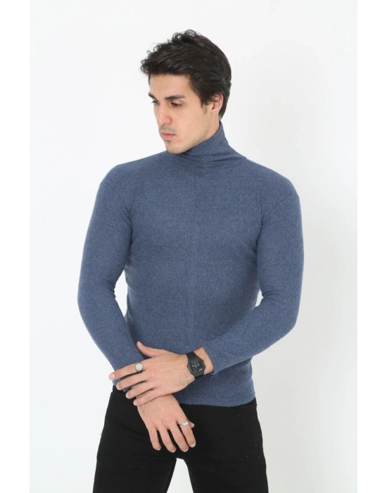 Erkek Kaşkorse Boğazlı Full Likralı Fitilli Body Kazak - İndigo