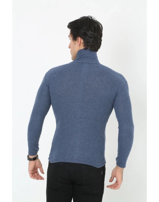 Erkek Kaşkorse Boğazlı Full Likralı Fitilli Body Kazak - İndigo