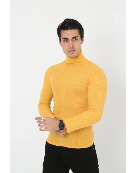 Erkek Kaşkorse Boğazlı Full Likralı Fitilli Body Kazak - Sarı