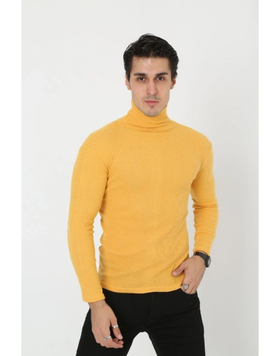 Erkek Kaşkorse Boğazlı Full Likralı Fitilli Body Kazak - Sarı