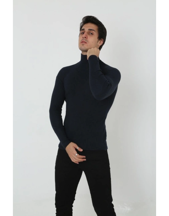 Erkek Kaşkorse Boğazlı Full Likralı Fitilli Body Kazak - Siyah