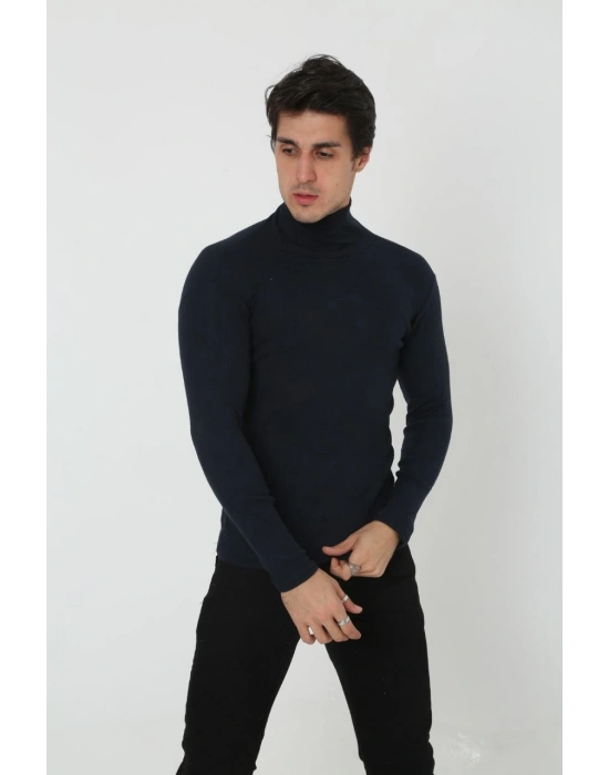 Erkek Kaşkorse Boğazlı Full Likralı Fitilli Body Kazak - Siyah