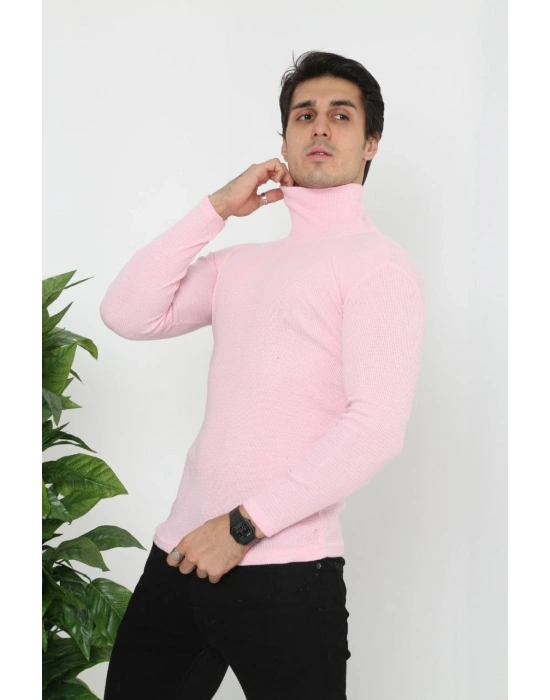 Erkek Kaşkorse Boğazlı Full Likralı Fitilli Body Kazak - Toz Pembe