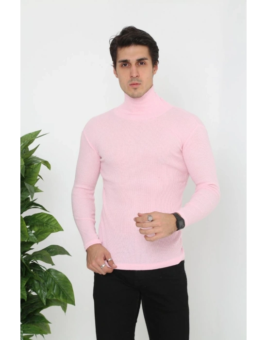 Erkek Kaşkorse Boğazlı Full Likralı Fitilli Body Kazak - Toz Pembe