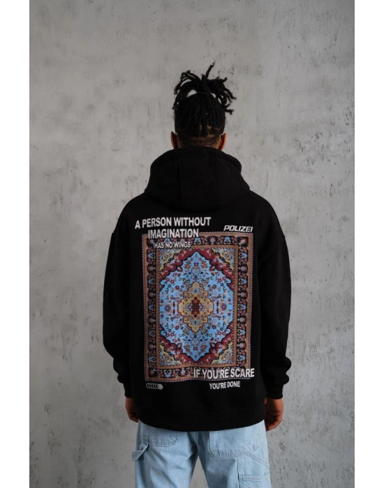 Erkek Kilim Desen Kapüşonlu - Siyah