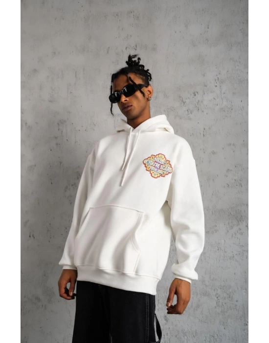 Erkek Kilim Desen Kapüşonlu Sweat - Beyaz