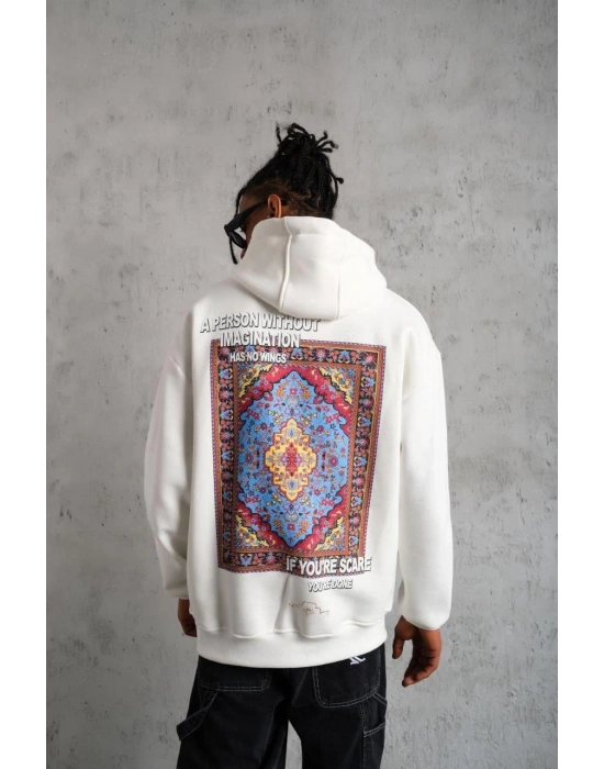Erkek Kilim Desen Kapüşonlu Sweat - Beyaz