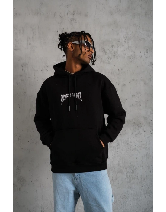 Erkek Kordon İpli Baskılı Kapüşonlu Sweatshirt - Siyah