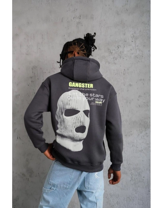 Erkek Kordonlu Maske Baskılı Kapşonlu Sweat - Gri