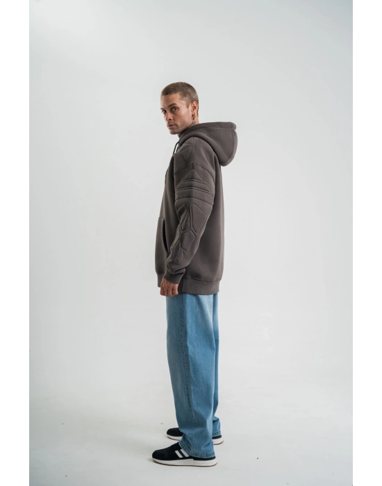 Erkek Nakış İşlemeli Kapşonlu Antrasit Sweatshirt Üç İplik Double Oversize- Füme