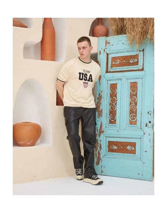 Erkek Nakış İşlemeli Ribanalı Oversize T-shirt - Bej