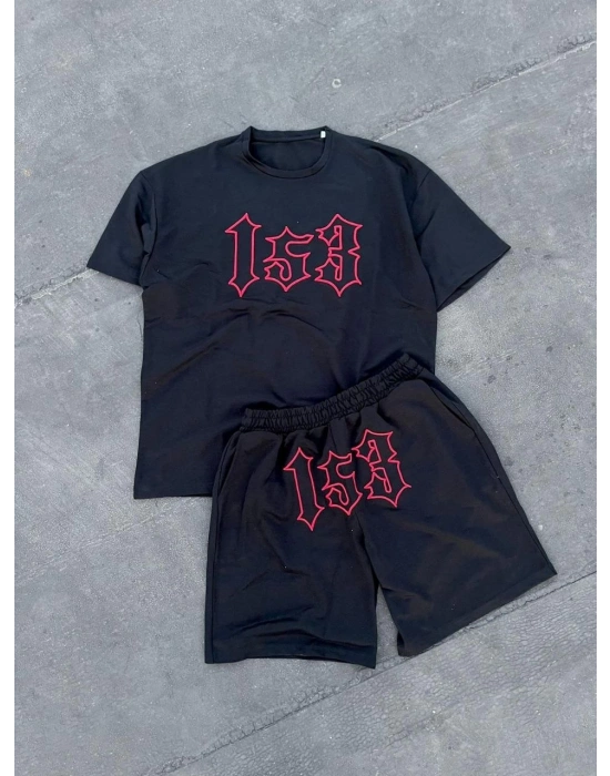 Erkek Nakış İşlemeli Şortlu Takım - Siyah