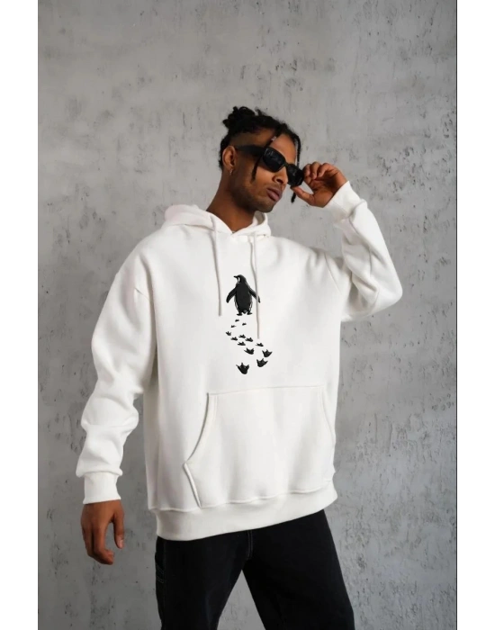 Erkek Nihilist Penguen Temalı Oversize Kapüşonlu Sweatshirt - Beyaz