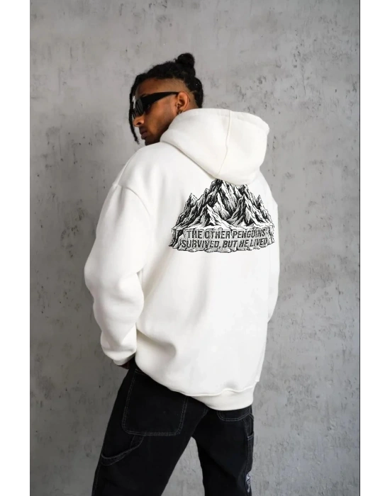Erkek Nihilist Penguen Temalı Oversize Kapüşonlu Sweatshirt - Beyaz
