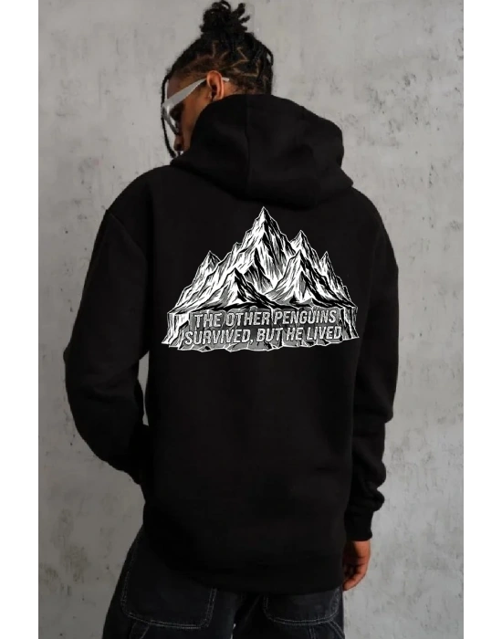 Erkek Nihilist Penguen Temalı Oversize Kapüşonlu Sweatshirt - Siyah