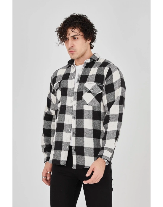 Erkek Oduncu Gömlek Uzun Kollu Şardonlu Kareli Desen Regular Fit Manşetli Çift - Siyah