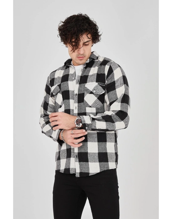 Erkek Oduncu Gömlek Uzun Kollu Şardonlu Kareli Desen Regular Fit Manşetli Çift - Siyah