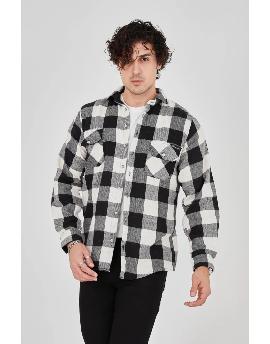 Erkek Oduncu Gömlek Uzun Kollu Şardonlu Kareli Desen Regular Fit Manşetli Çift - Siyah