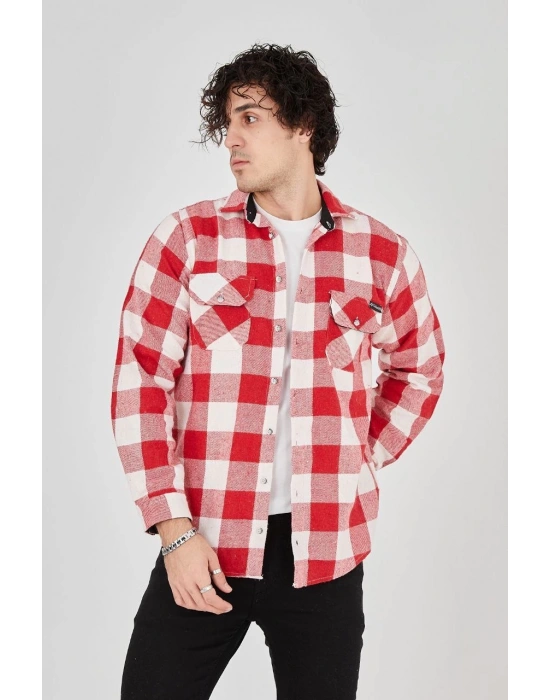 Erkek Oduncu Gömlek Uzun Kollu Şardonlu Kareli Desen Regular Fit Manşetli Çift - Kırmızı