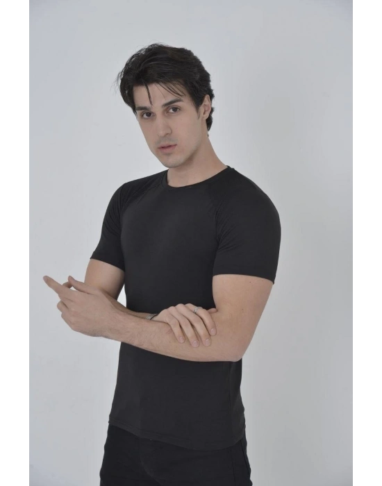 Erkek Omuz Fileli Slim Fit T-shirt - Siyah