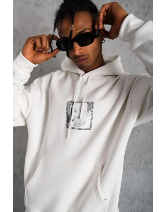 Erkek Ön Arka Baskılı Kapşonlu Sweat - Beyaz