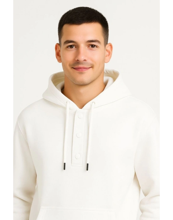 Erkek Ovarsize Kapüşonlu Swetshirt Kanguru Çepli Cıtcıtlı 3 iplik Şardonlu Hoodie - Beyaz