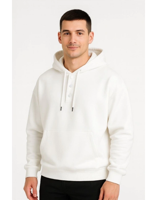 Erkek Ovarsize Kapüşonlu Swetshirt Kanguru Çepli Cıtcıtlı 3 iplik Şardonlu Hoodie - Beyaz