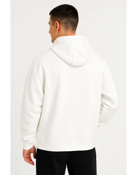Erkek Ovarsize Kapüşonlu Swetshirt Kanguru Çepli Cıtcıtlı 3 iplik Şardonlu Hoodie - Beyaz