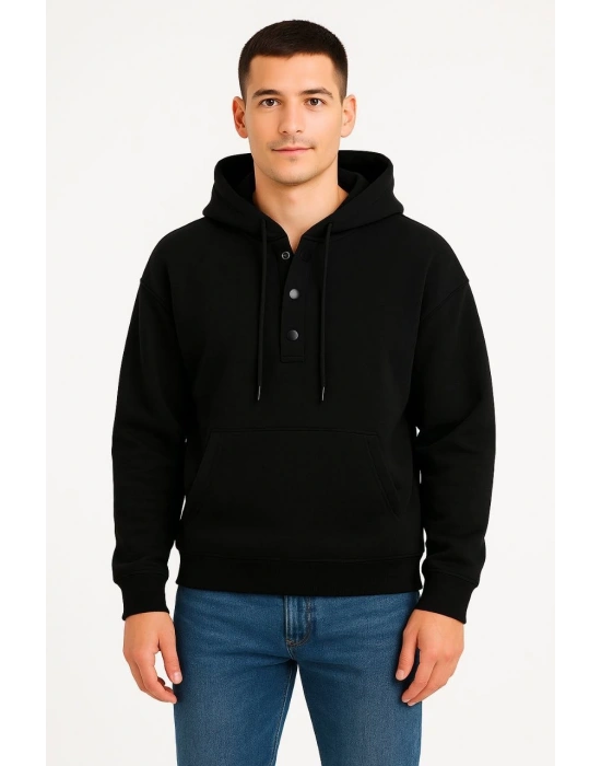 Erkek Ovarsize Kapüşonlu Swetshirt Kanguru Çepli Cıtcıtlı 3 iplik Şardonlu Hoodie - Siyah