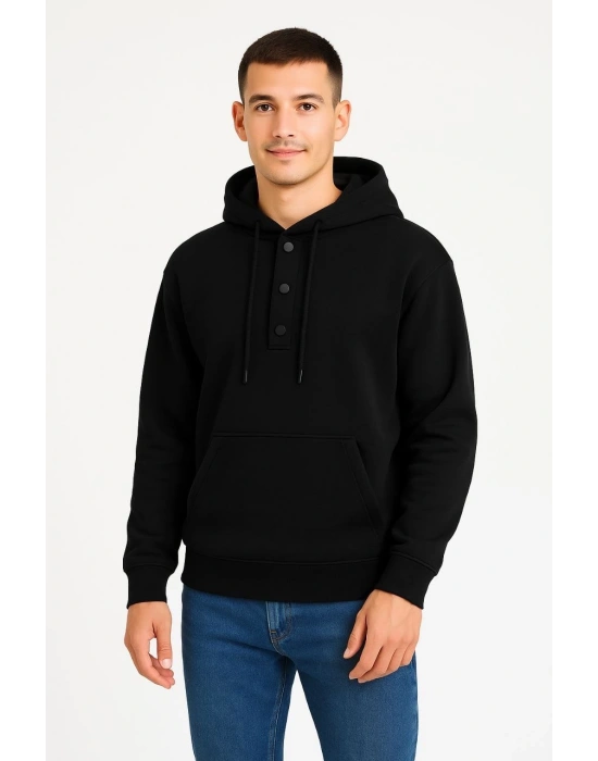 Erkek Ovarsize Kapüşonlu Swetshirt Kanguru Çepli Cıtcıtlı 3 iplik Şardonlu Hoodie - Siyah
