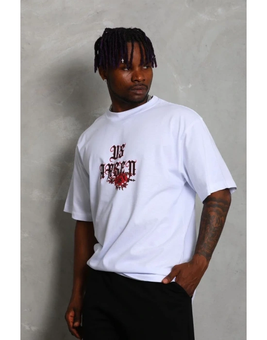 Erkek Oversize Baskılı Bisiklet Yaka T-Shirt - Beyaz