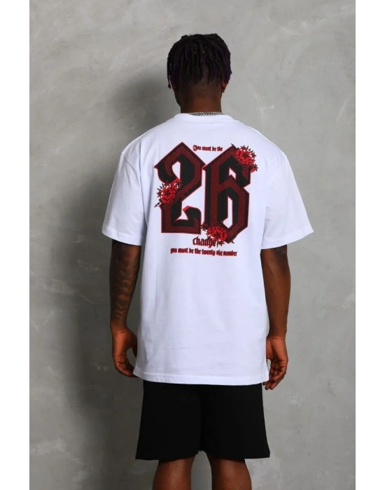 Erkek Oversize Baskılı Bisiklet Yaka T-Shirt - Beyaz