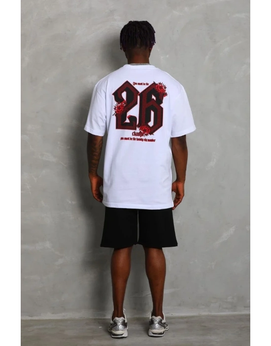 Erkek Oversize Baskılı Bisiklet Yaka T-Shirt - Beyaz