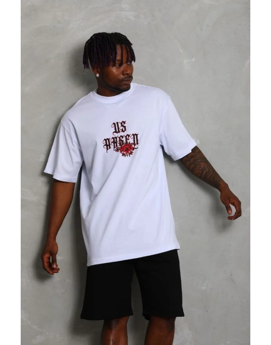 Erkek Oversize Baskılı Bisiklet Yaka T-Shirt - Beyaz